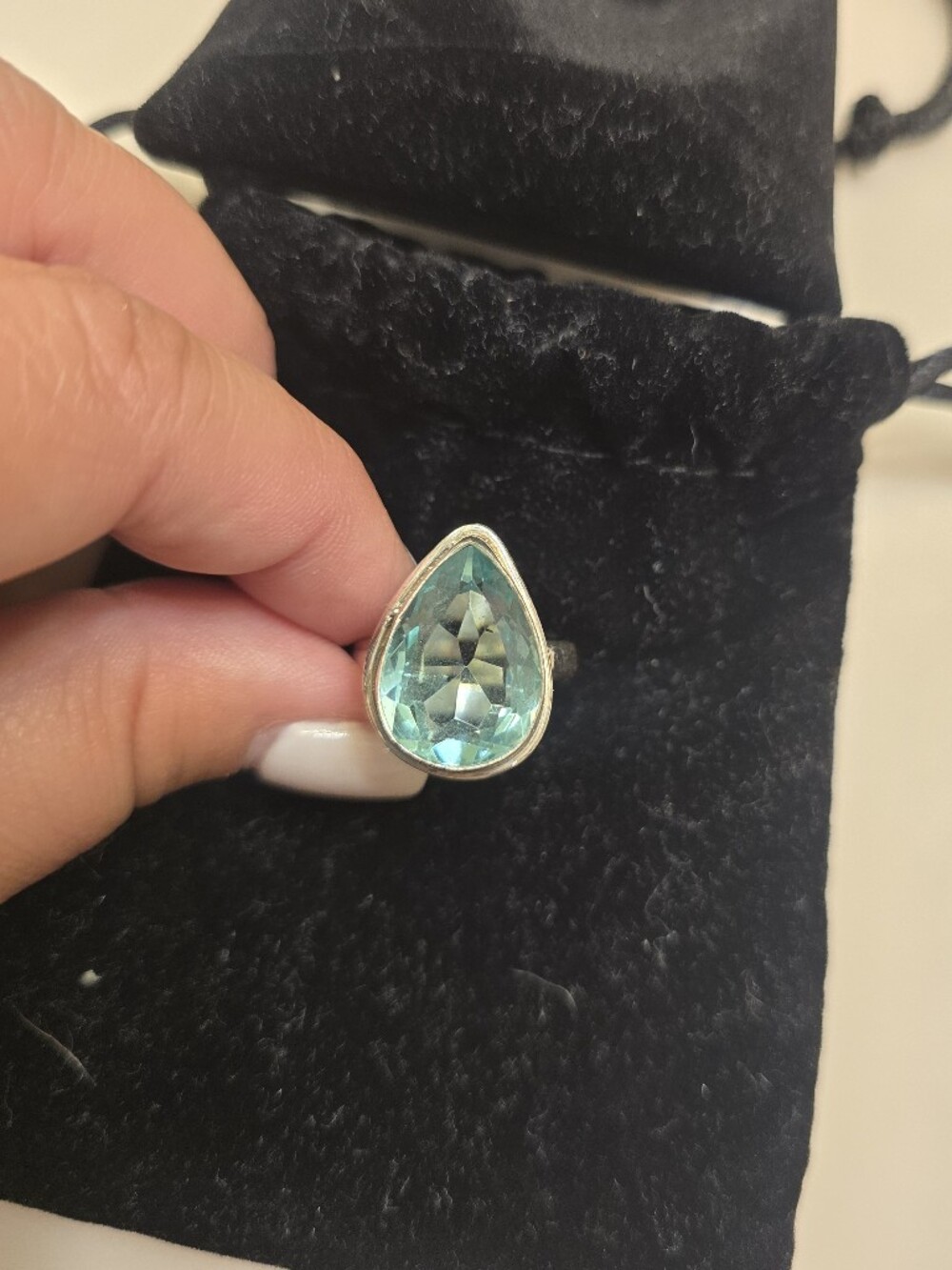 Silver (925) Pear Shape Blue Stone Ring Size 8